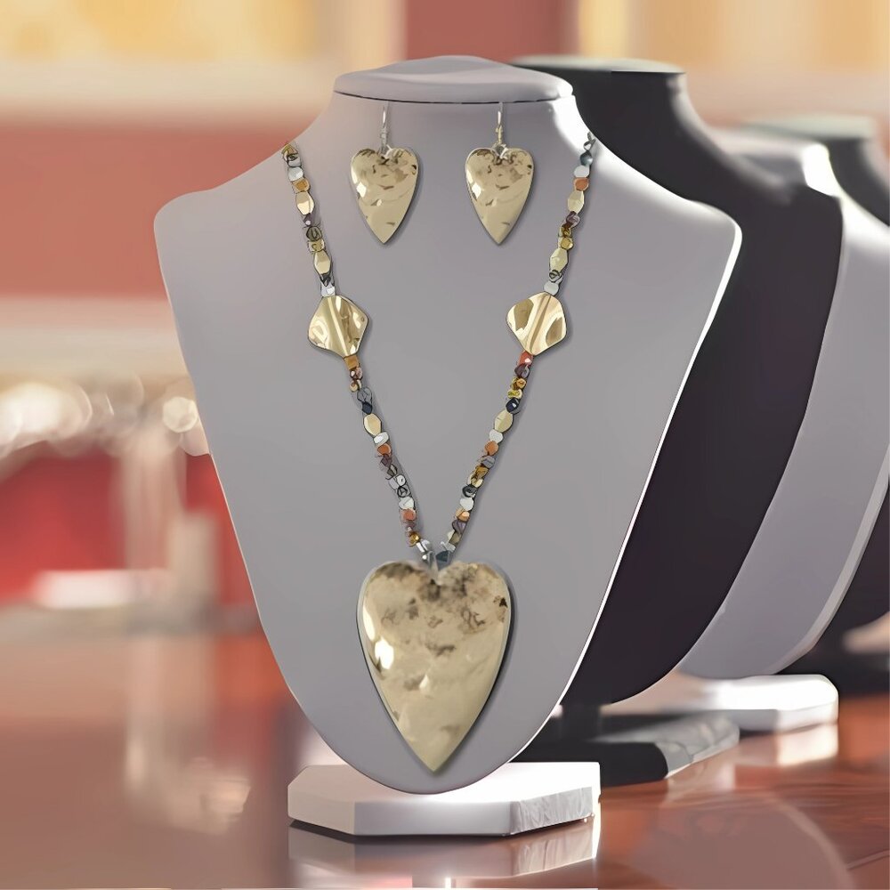 Gold Heart Beaded Chain Charm Necklace and Earrings Boho Jewelry SET NEW